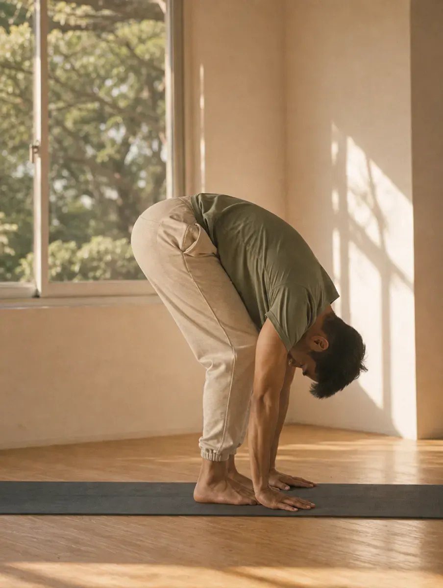 A man folds forward in Standing Forward Bend with knees bent and palms on the floor beside his feet.