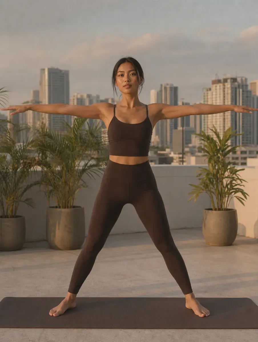 A woman in an espresso set stands in Star Pose, feet wide and arms stretched out at shoulder height, on a Manila rooftop.
