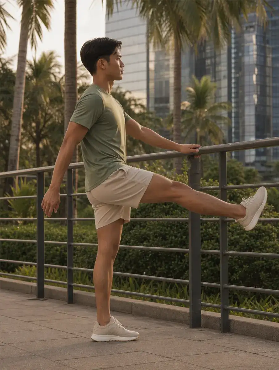 A man holds a railing and swings one leg forward in a dynamic warm-up on a palm-lined BGC walkway.
