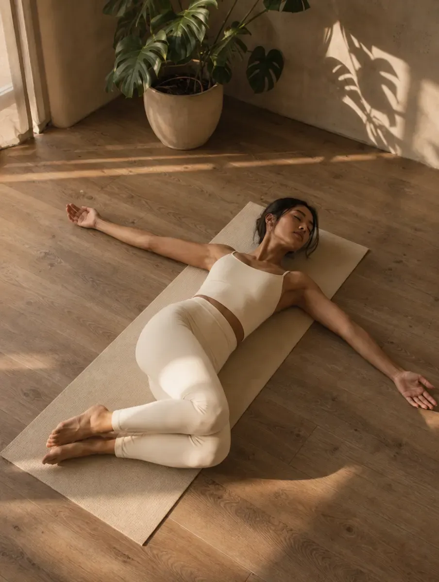 A woman in a cream set lies in a Supine Twist, knees dropped to one side and arms open wide, seen from above.