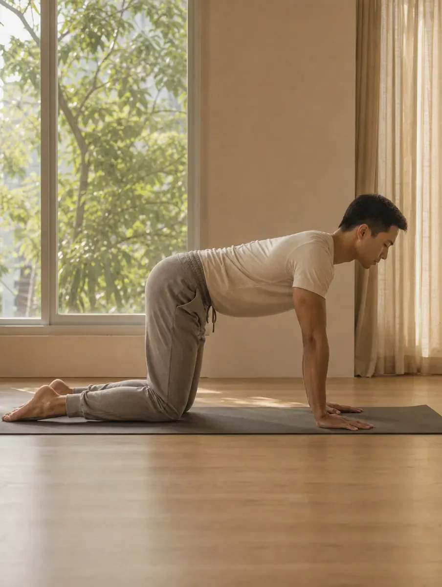 A man on hands and knees holds a flat-backed Table Top Pose in a bright room with trees in the window.