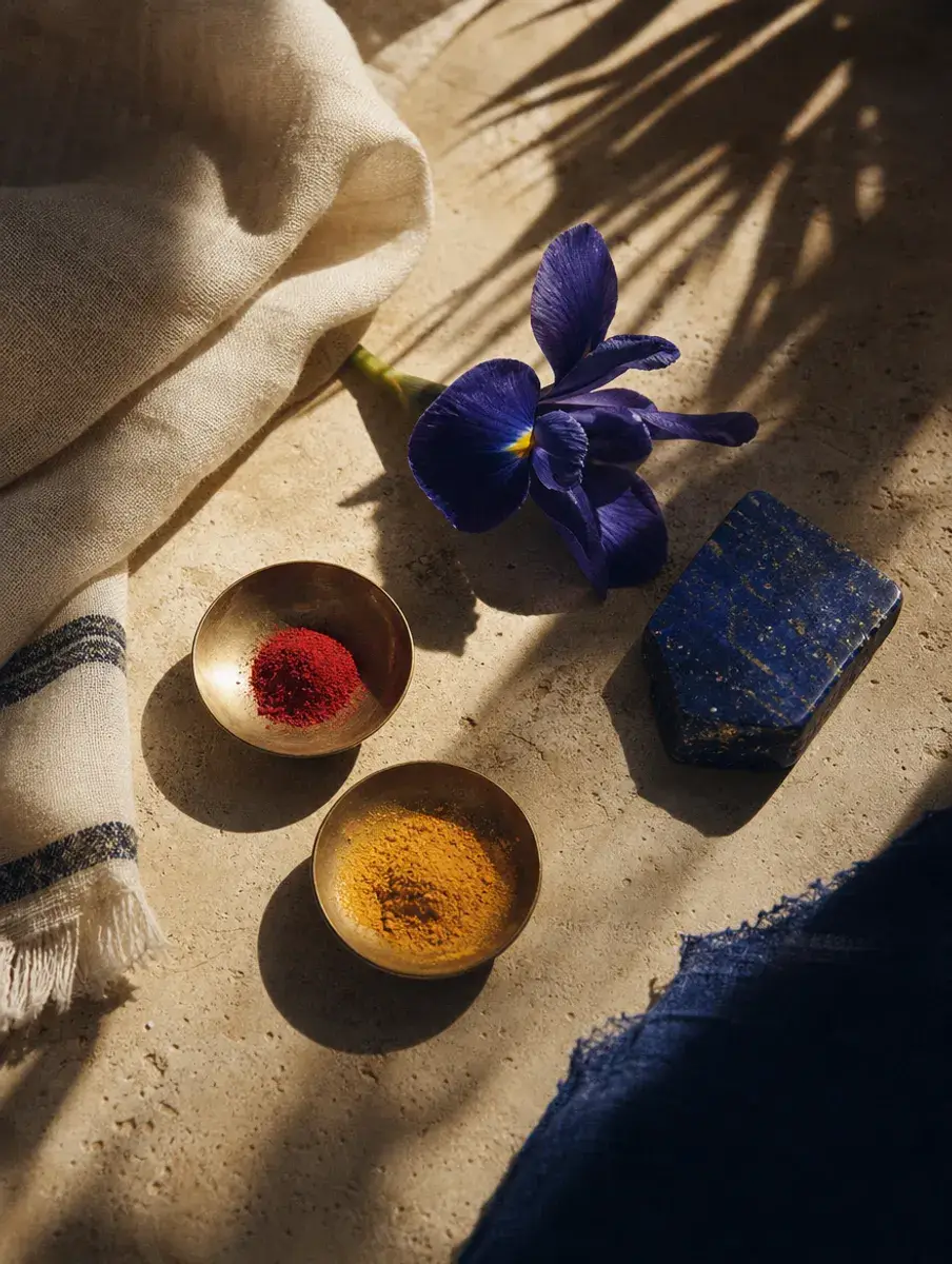 Tiny brass dishes of red kumkum and turmeric beside an indigo iris and a lapis stone on limestone.