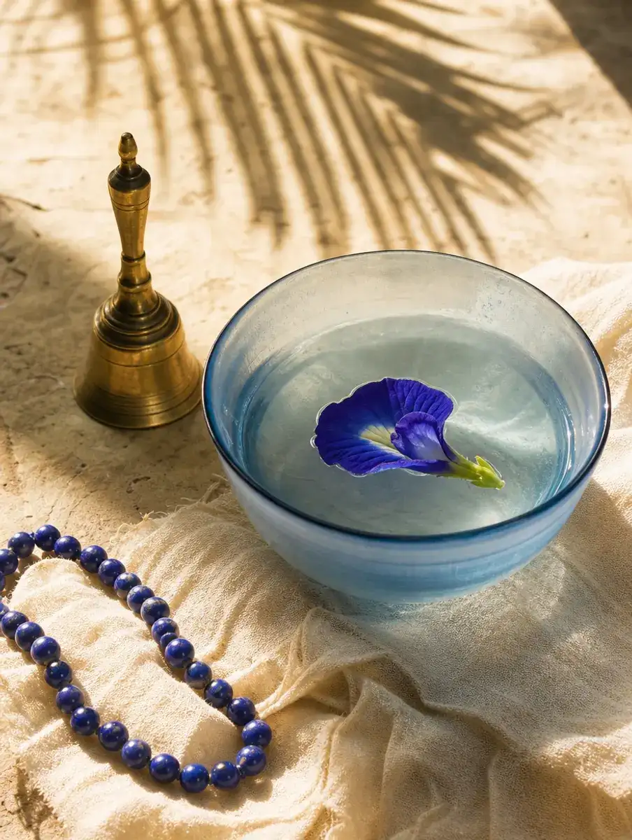 A brass bell beside a pale blue glass bowl with a floating butterfly-pea flower and a strand of lapis beads on linen.
