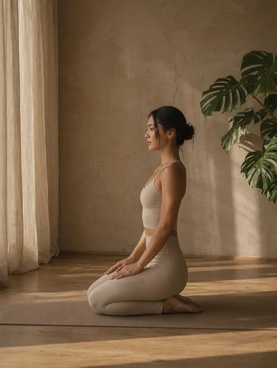 A woman in an oat set kneels sitting back on her heels in Thunderbolt Pose, hands resting on her thighs, in soft window light.