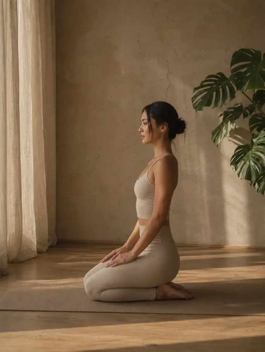 A woman in an oat set kneels sitting back on her heels in Thunderbolt Pose, hands resting on her thighs, in soft window light.