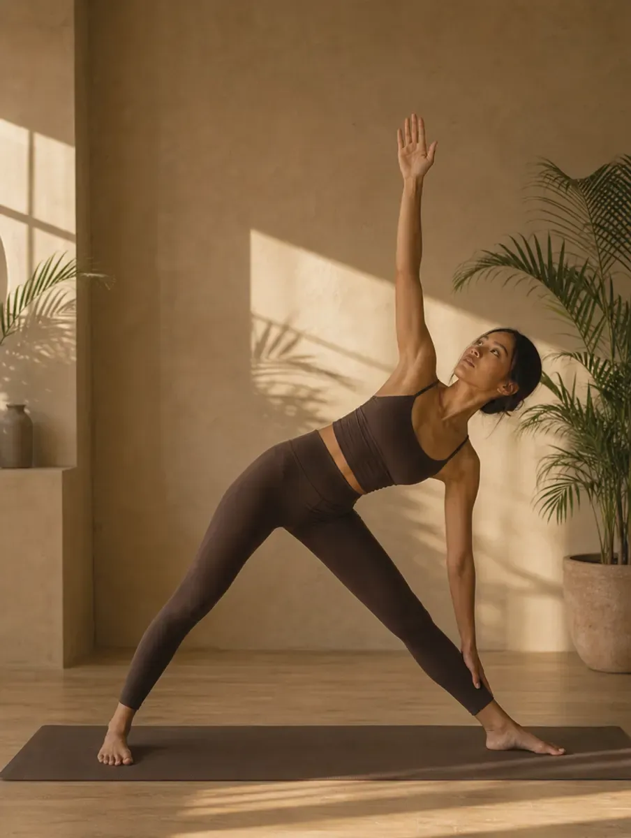 A woman in an espresso set holds Triangle Pose, legs straight, lower hand on her shin and top arm reaching up, in a sunlit studio with palms.