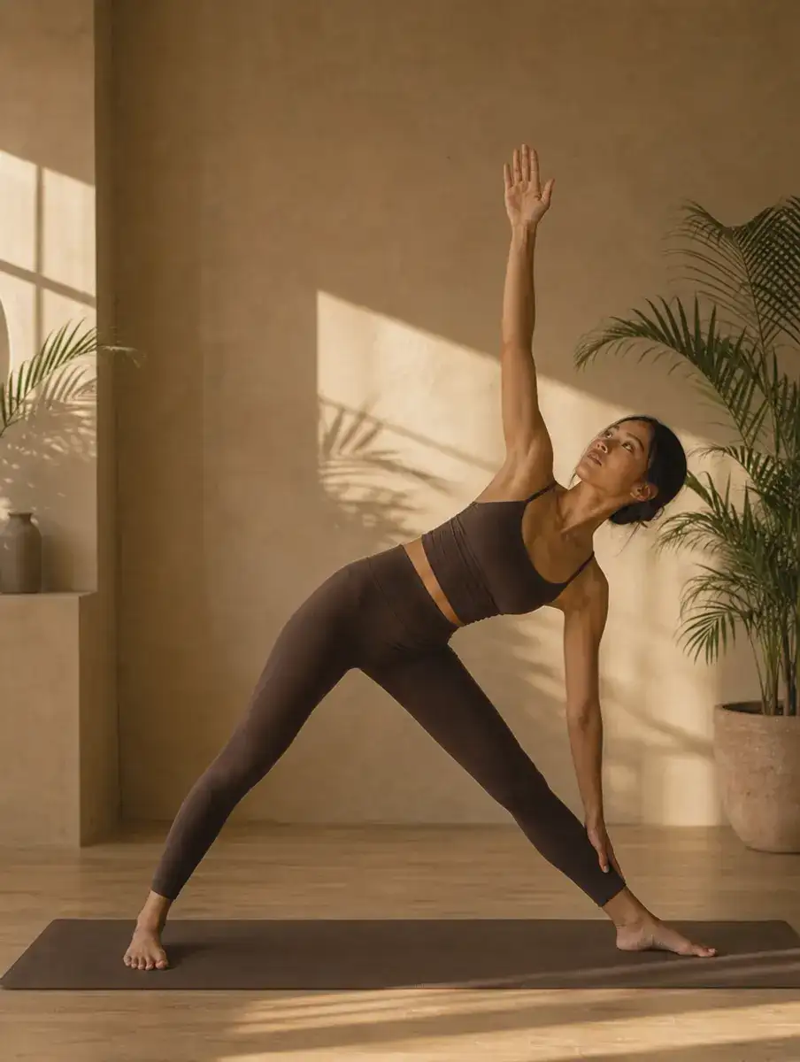 A woman in an espresso set holds Triangle Pose, legs straight, lower hand on her shin and top arm reaching up, in a sunlit studio with palms.