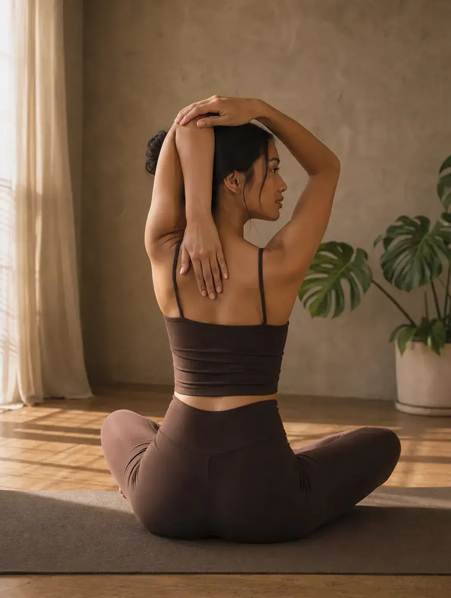 Seen from behind, a seated woman drops one hand between her shoulder blades and eases the bent elbow back with the other hand.