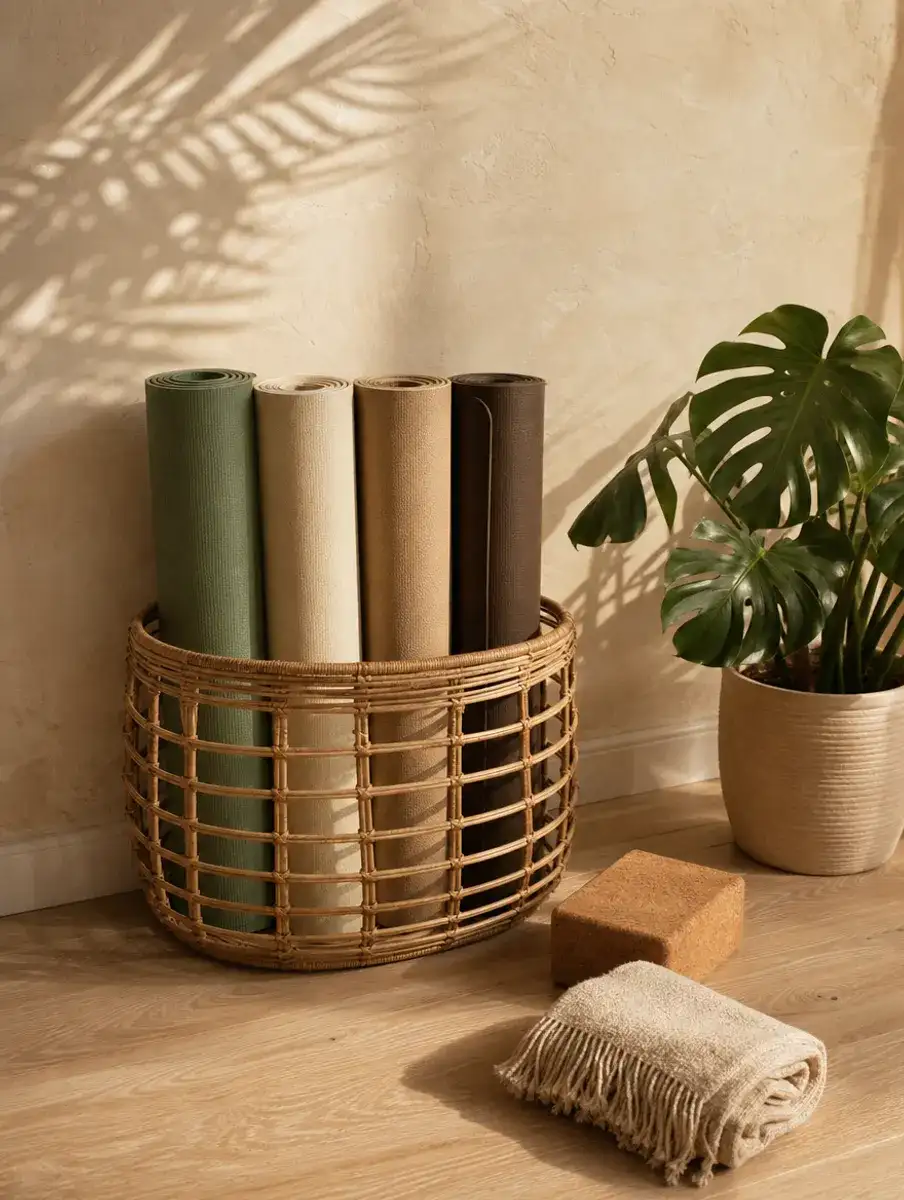 Four rolled yoga mats in sage, cream, oat and espresso stand in a rattan basket beside a cork block and a monstera.