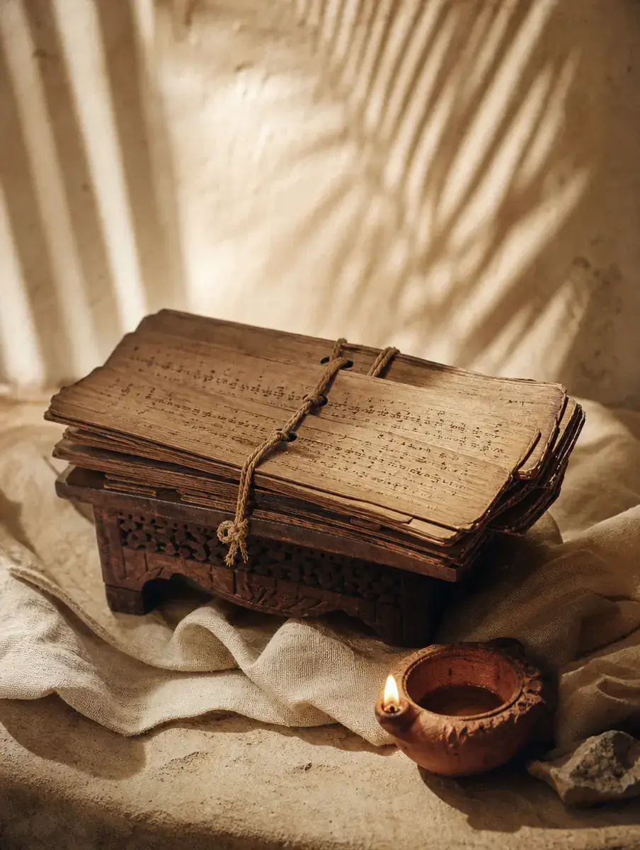 A bundle of old palm-leaf manuscript pages tied with cord on a carved wooden stand, beside a glowing clay oil lamp.