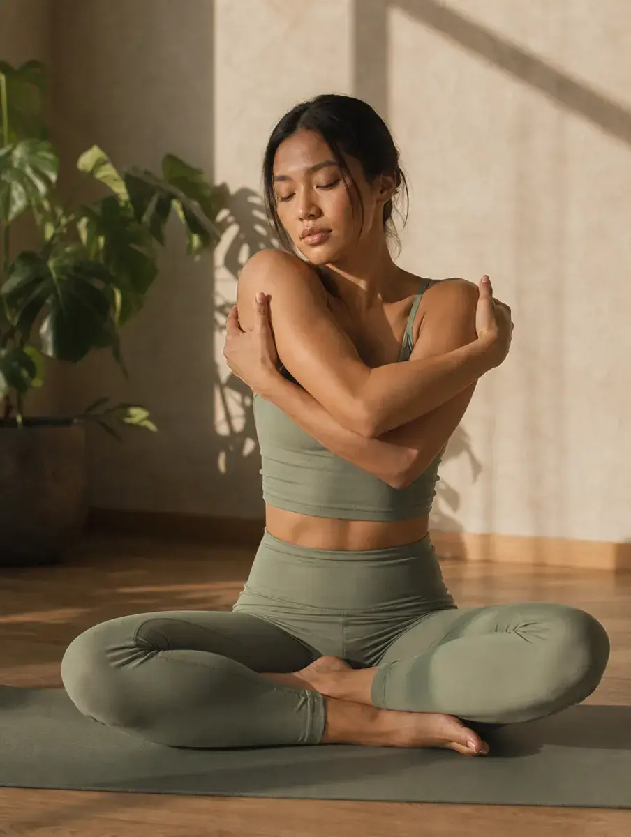 A woman seated cross-legged wraps her arms around herself in a self-hug stretch for the upper back, eyes closed.
