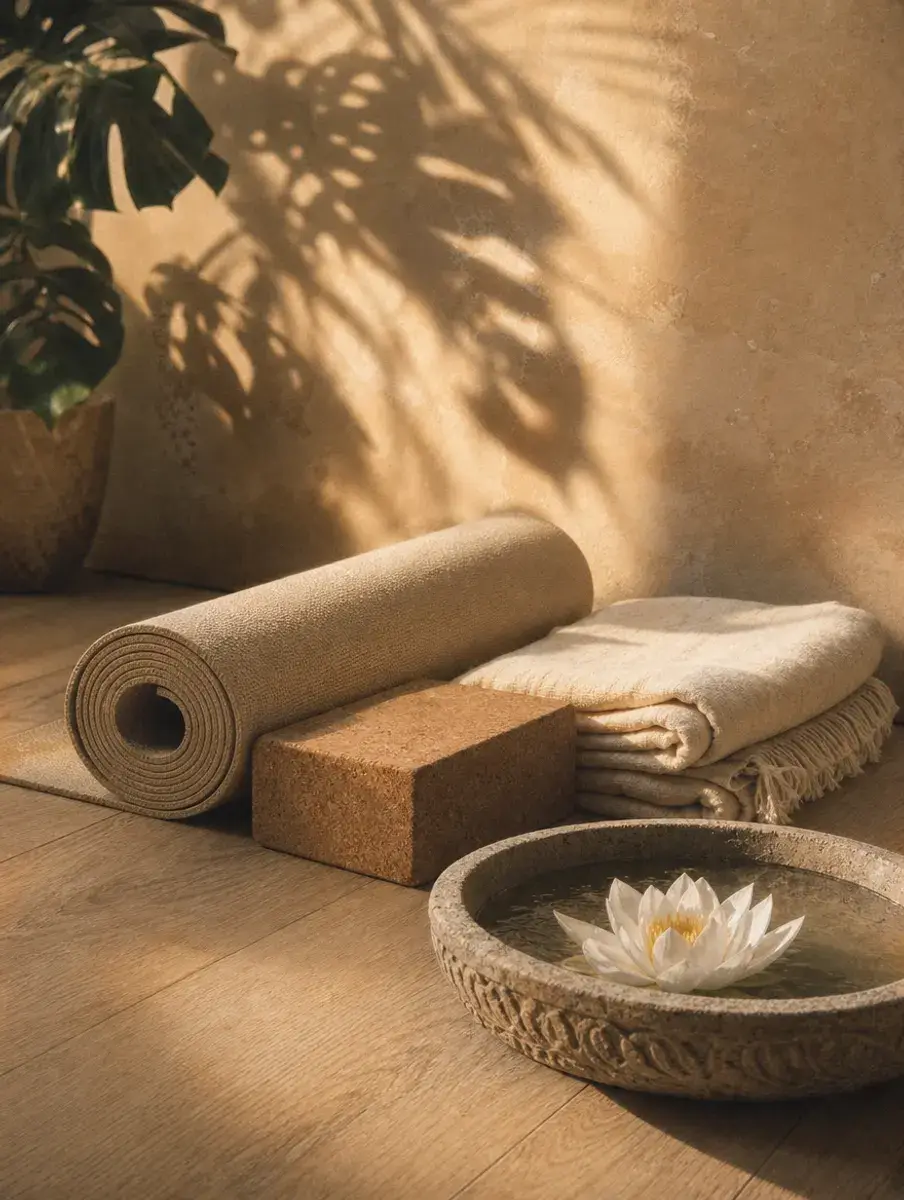A rolled oat yoga mat, cork block and folded blanket beside a white lotus floating in a carved stone bowl.