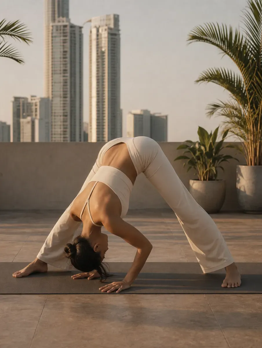 A woman in a cream set folds between wide straight legs with hands on the mat in a wide-legged forward bend on a rooftop.
