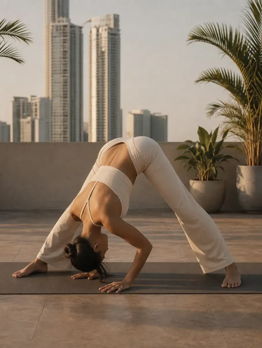 A woman in a cream set folds between wide straight legs with hands on the mat in a wide-legged forward bend on a rooftop.