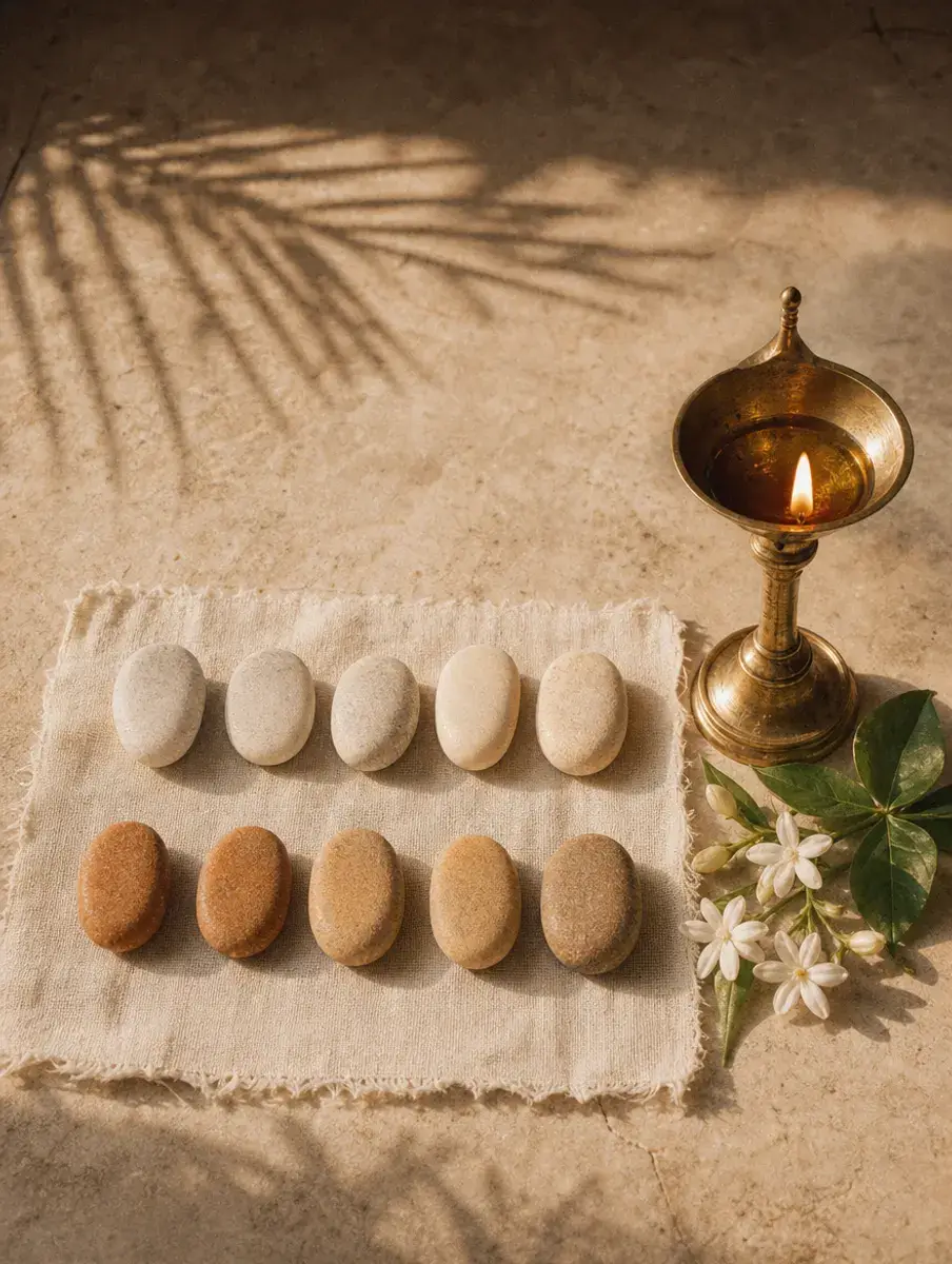 Ten smooth stones in two rows of five on linen beside a lit brass lamp and jasmine, in palm-leaf shadow.