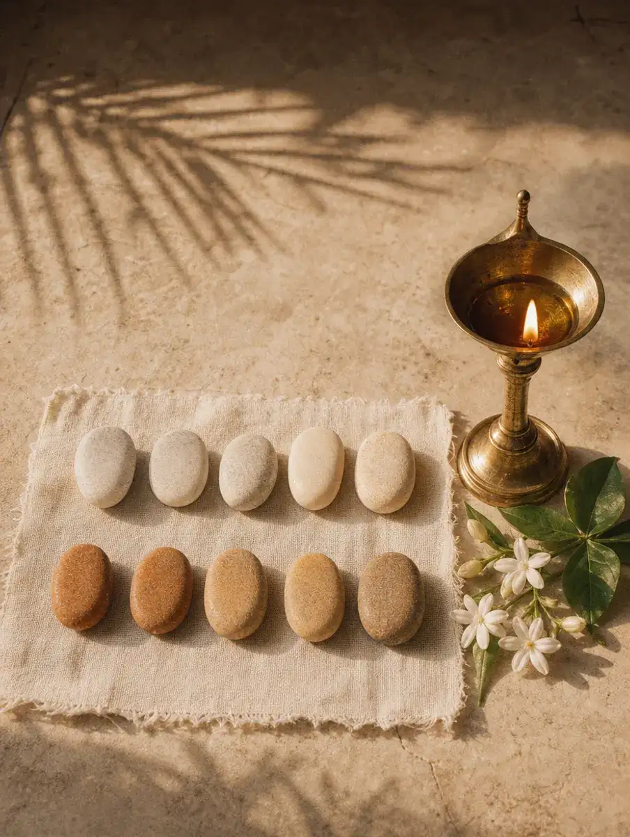 Ten smooth stones in two rows of five on linen beside a lit brass lamp and jasmine, in palm-leaf shadow.