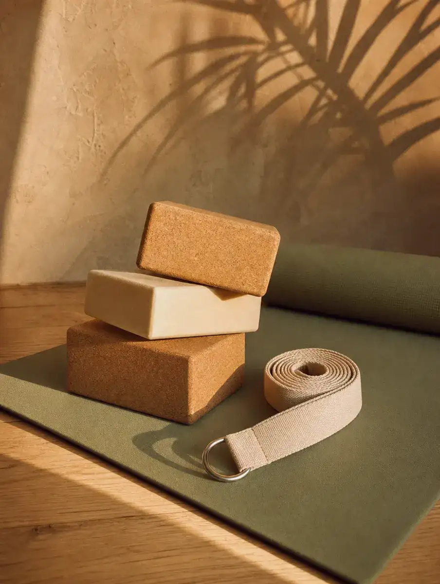 Cork and foam yoga blocks stacked beside a coiled cotton strap with a D-ring on a sage mat.