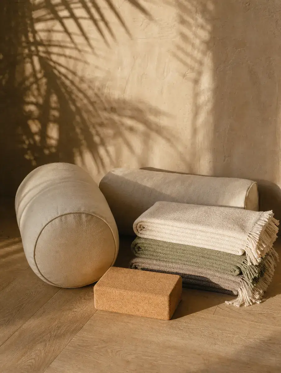 A round and a rectangular cotton bolster beside a stack of folded woven blankets and a cork block on an oak floor.