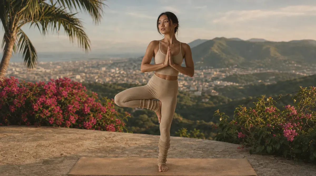 A woman in an oat set balances in Tree Pose on a hillside terrace above Cebu City, with bougainvillea, palms and green hills behind.