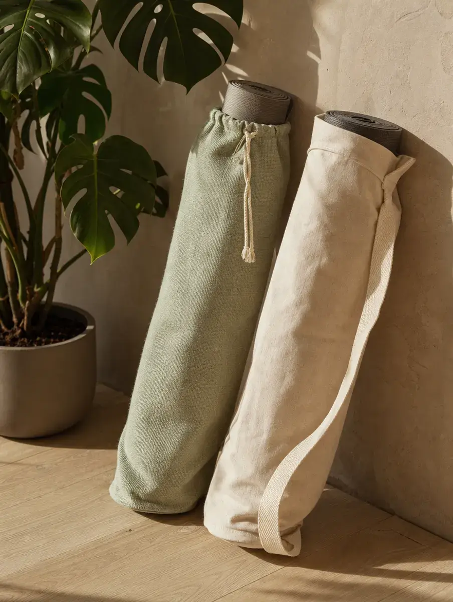 Two plain cotton yoga mat bags, one sage with a drawstring and one oat with a strap, lean against a plaster wall by a monstera.