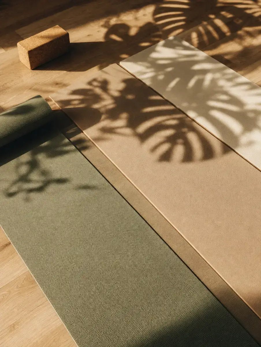 Three unbranded yoga mats of different widths and thicknesses laid side by side on an oak floor under monstera shadows.