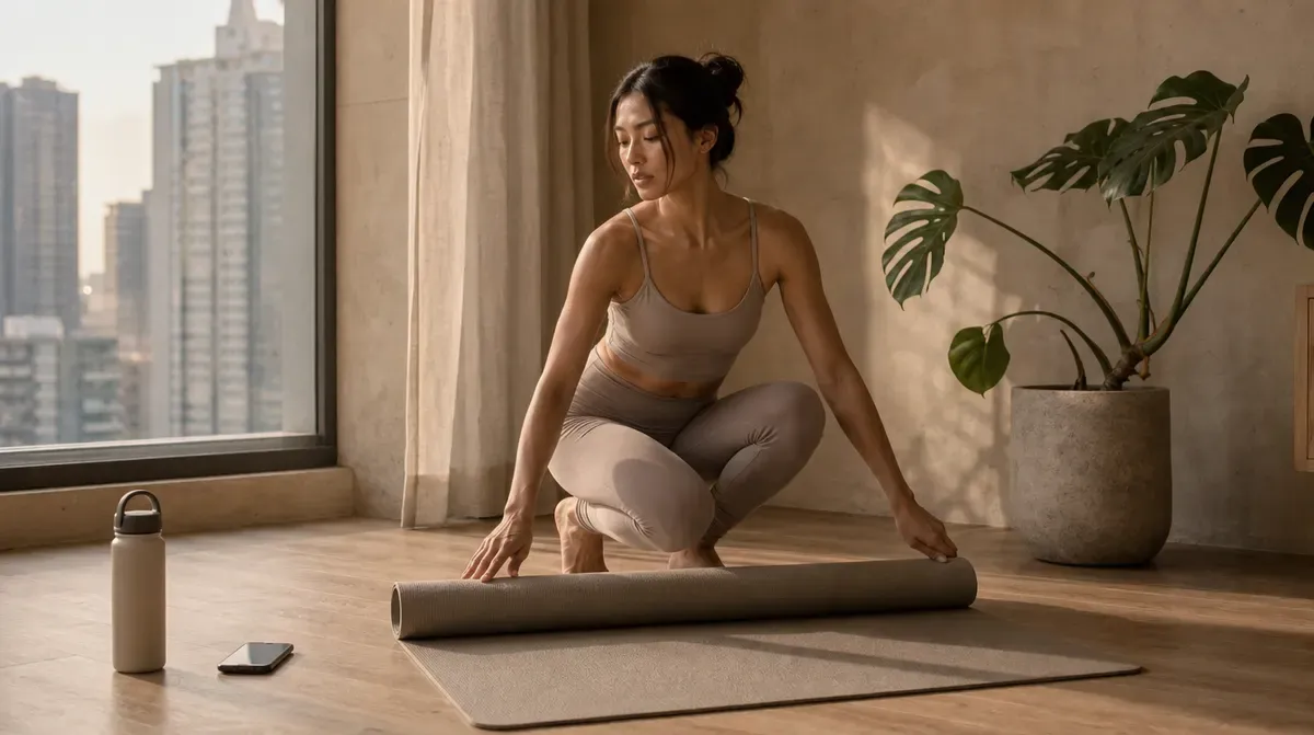A woman in a stone set rolls out her yoga mat on the oak floor of a sunlit Manila condo, towers in the window.