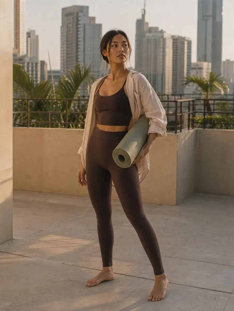 A woman in espresso leggings, a matching bra and a loose oat overshirt holds a rolled mat on a Manila rooftop.