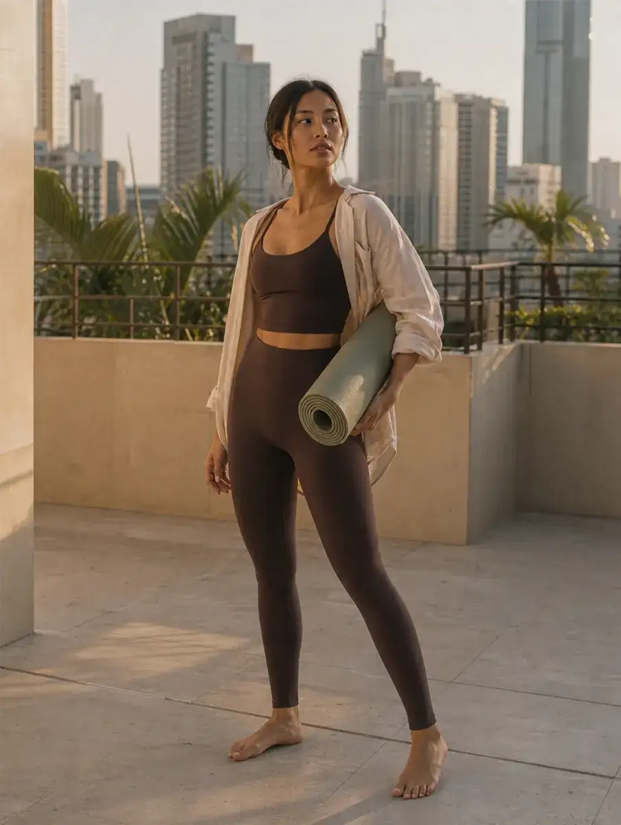 A woman in espresso leggings, a matching bra and a loose oat overshirt holds a rolled mat on a Manila rooftop.