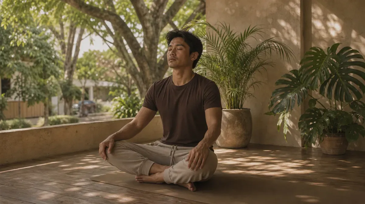 A man in an espresso tee sits cross-legged in meditation on a shaded veranda in Quezon City, big trees and low-rise houses behind him.