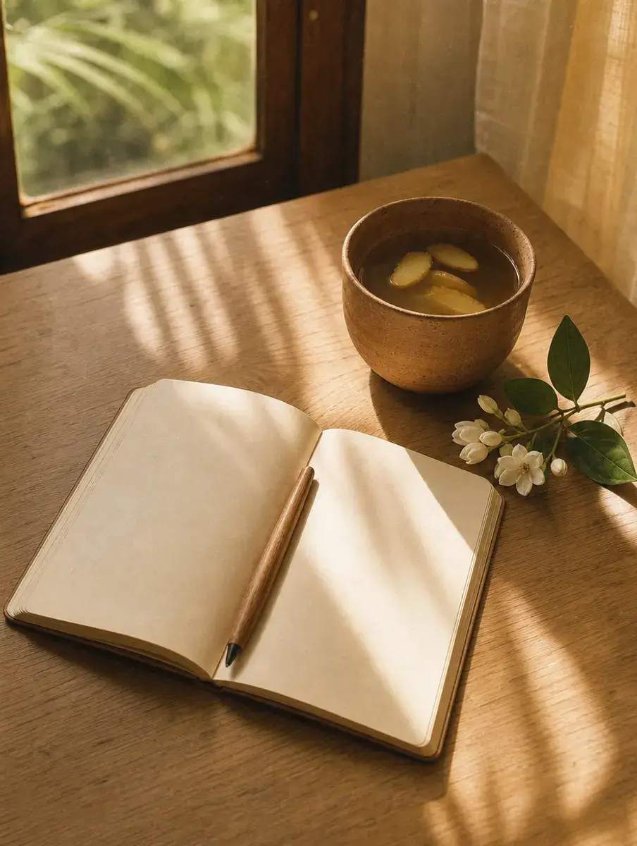 An open blank notebook and wooden pen beside a clay cup of ginger tea and sampaguita on an oak table by a window.