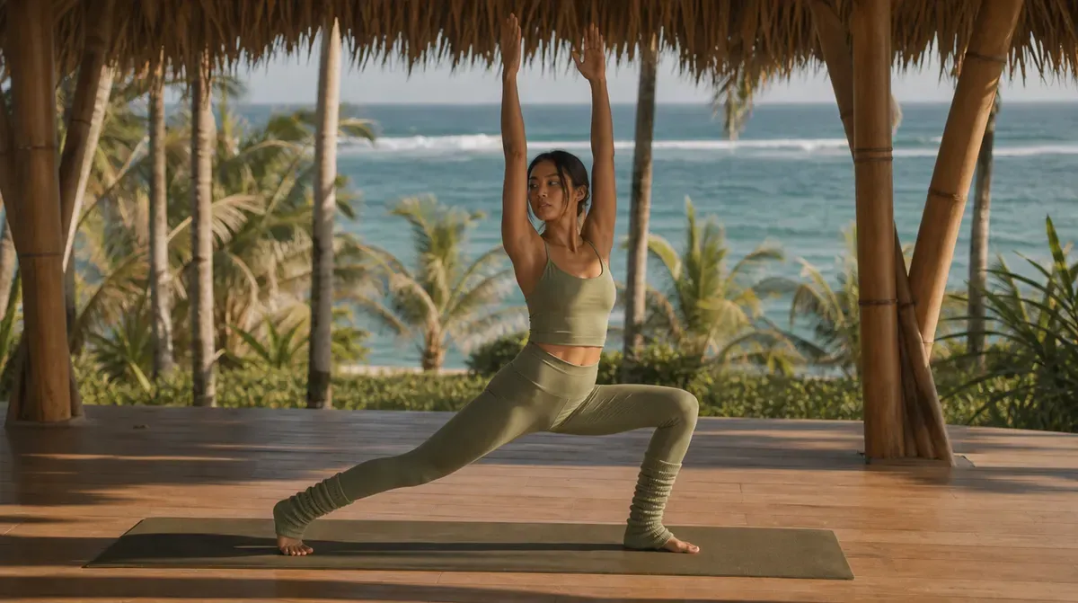 A woman in a sage set lunges with her arms raised in an open-air thatched shala in Siargao, palms and surf beyond.