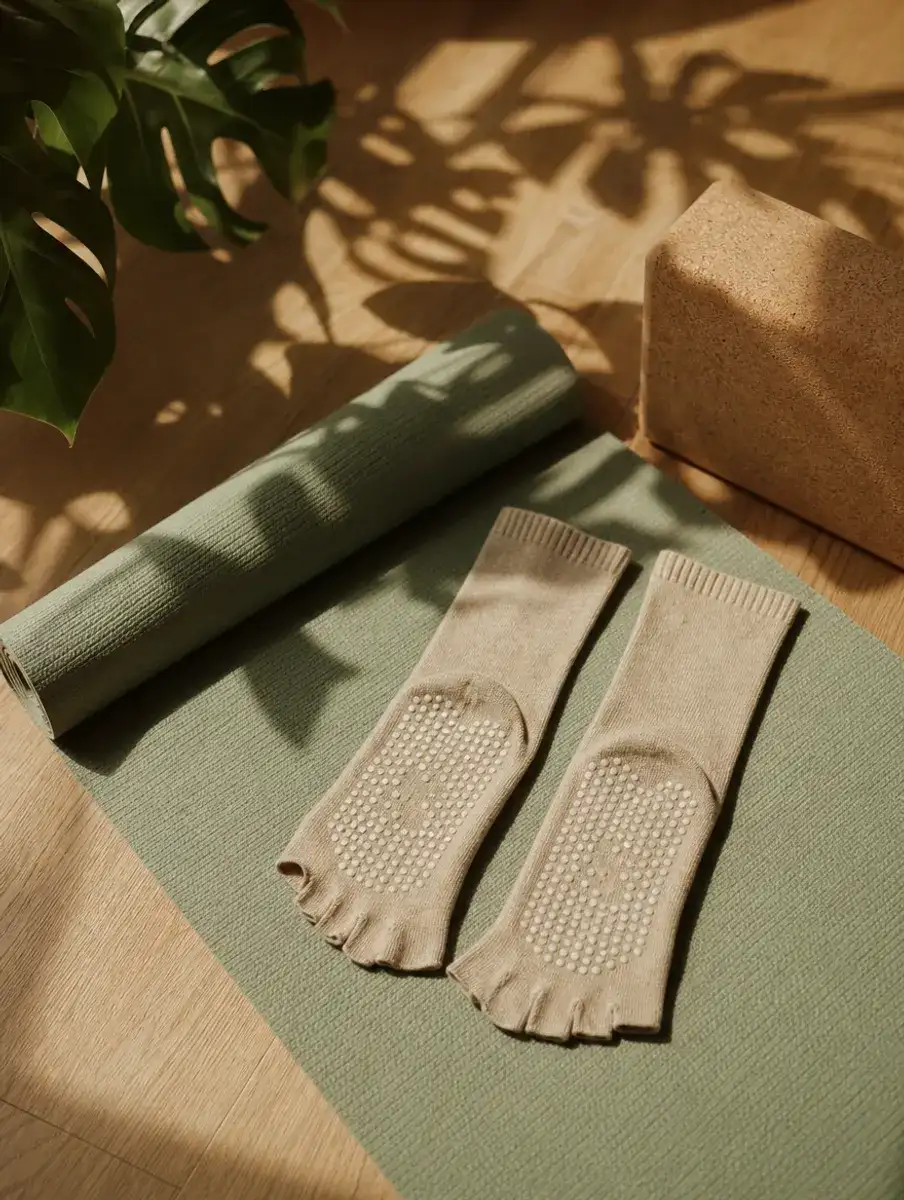A pair of oat toeless grip socks with dotted soles laid on a sage yoga mat beside a cork block.