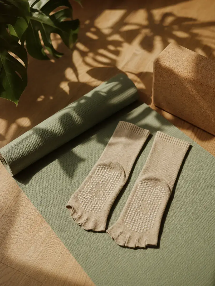 A pair of oat toeless grip socks with dotted soles laid on a sage yoga mat beside a cork block.