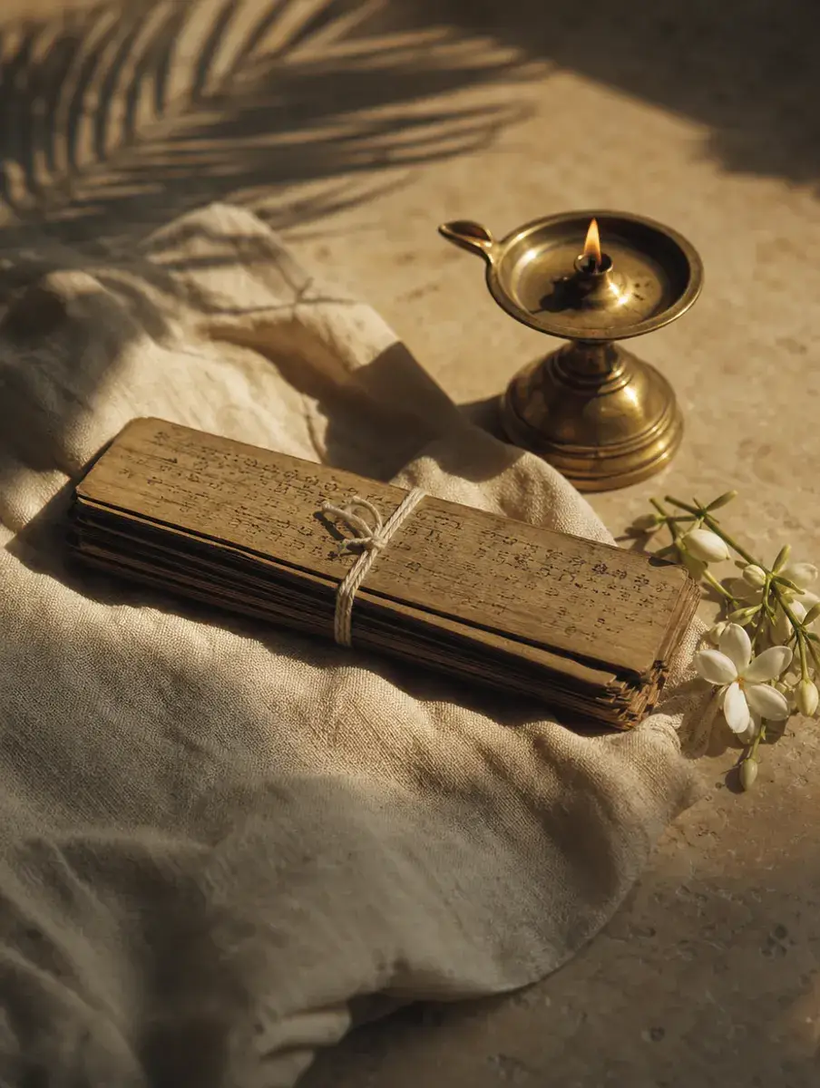 A bundle of old manuscript leaves tied with thread on linen beside a lit brass lamp and jasmine.