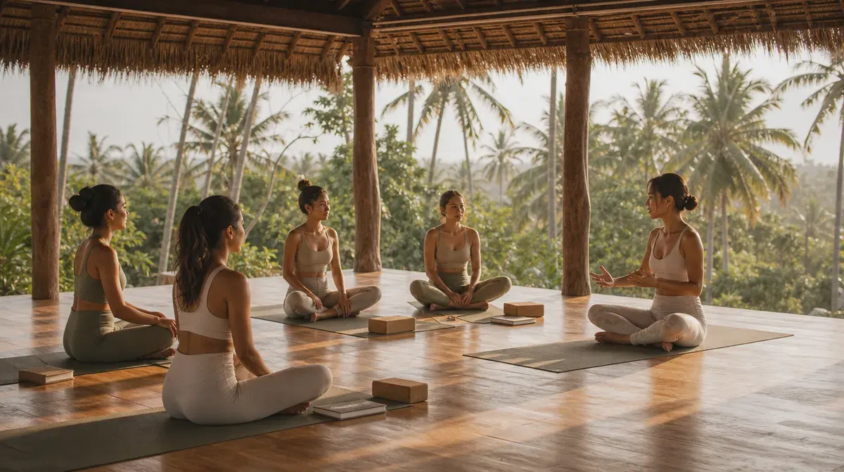 Teacher trainees sit cross-legged in a circle with blocks and notebooks in an open-air thatched shala surrounded by palms.