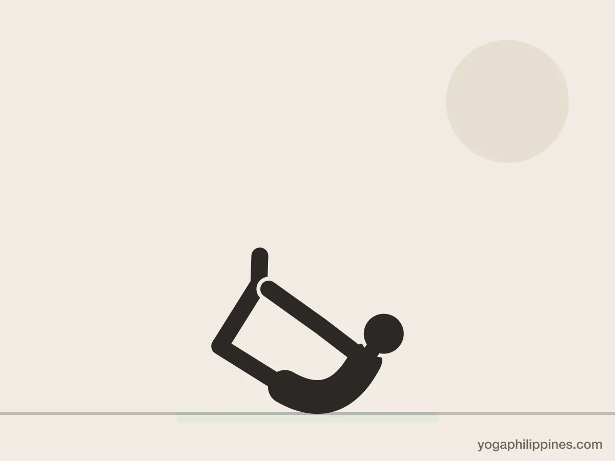Line drawing of Bow Pose (Dhanurasana), side view, the full pose on a yoga mat
