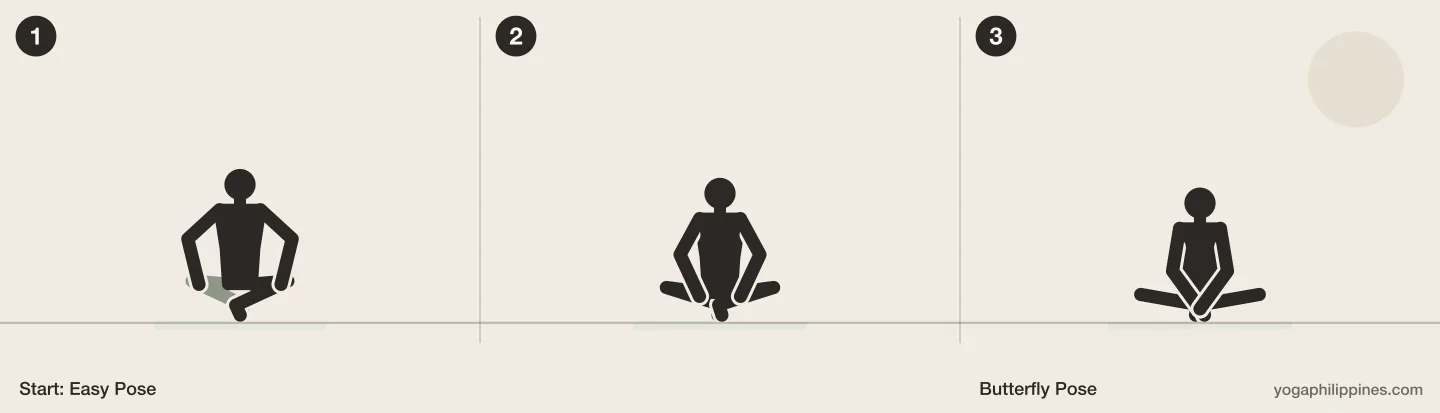 Butterfly Pose (Baddha Konasana) step by step: 3 numbered line drawings moving from Easy Pose into the full pose