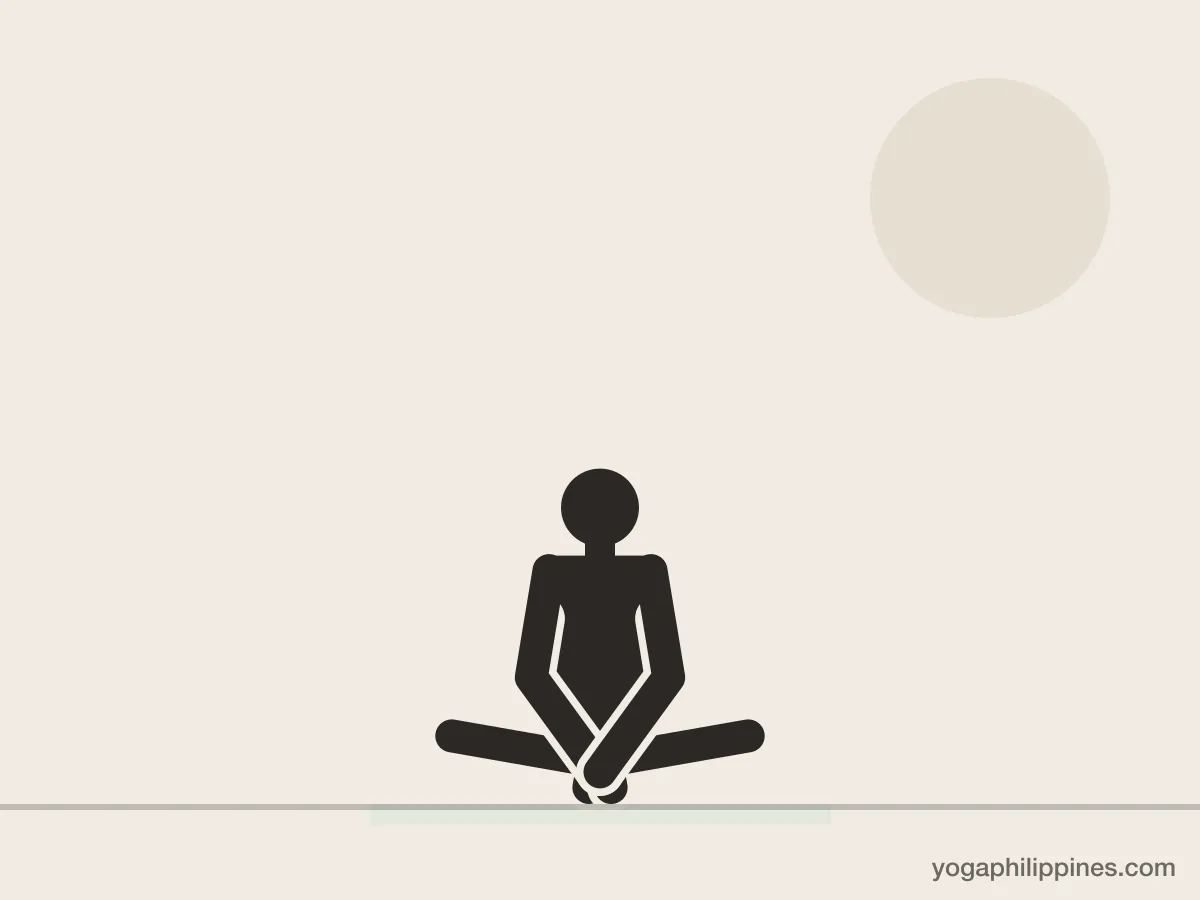 Line drawing of Butterfly Pose (Baddha Konasana), front view, the full pose on a yoga mat