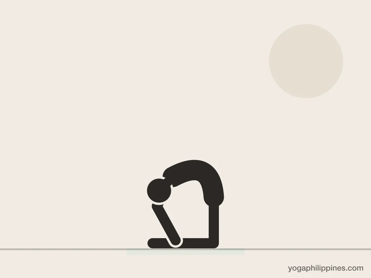 Line drawing of Camel Pose (Ustrasana), side view, the full pose on a yoga mat