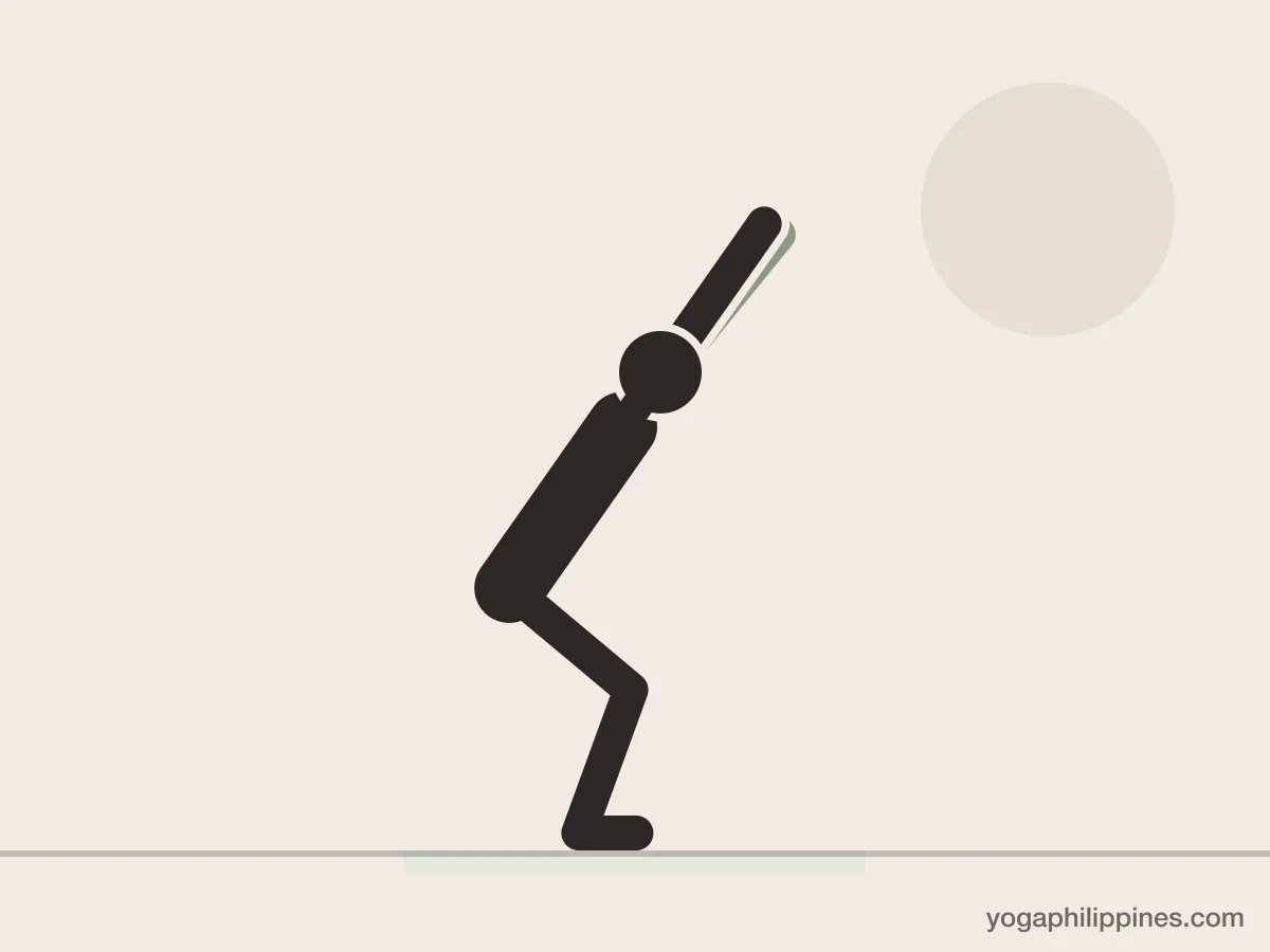 Line drawing of Chair Pose (Utkatasana), side view, the full pose on a yoga mat