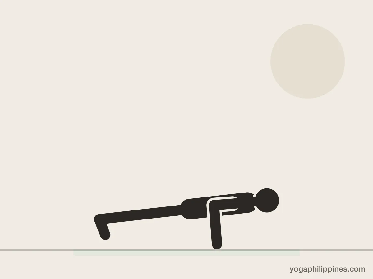 Line drawing of Four-Limbed Staff Pose (Chaturanga Dandasana), side view, the full pose on a yoga mat