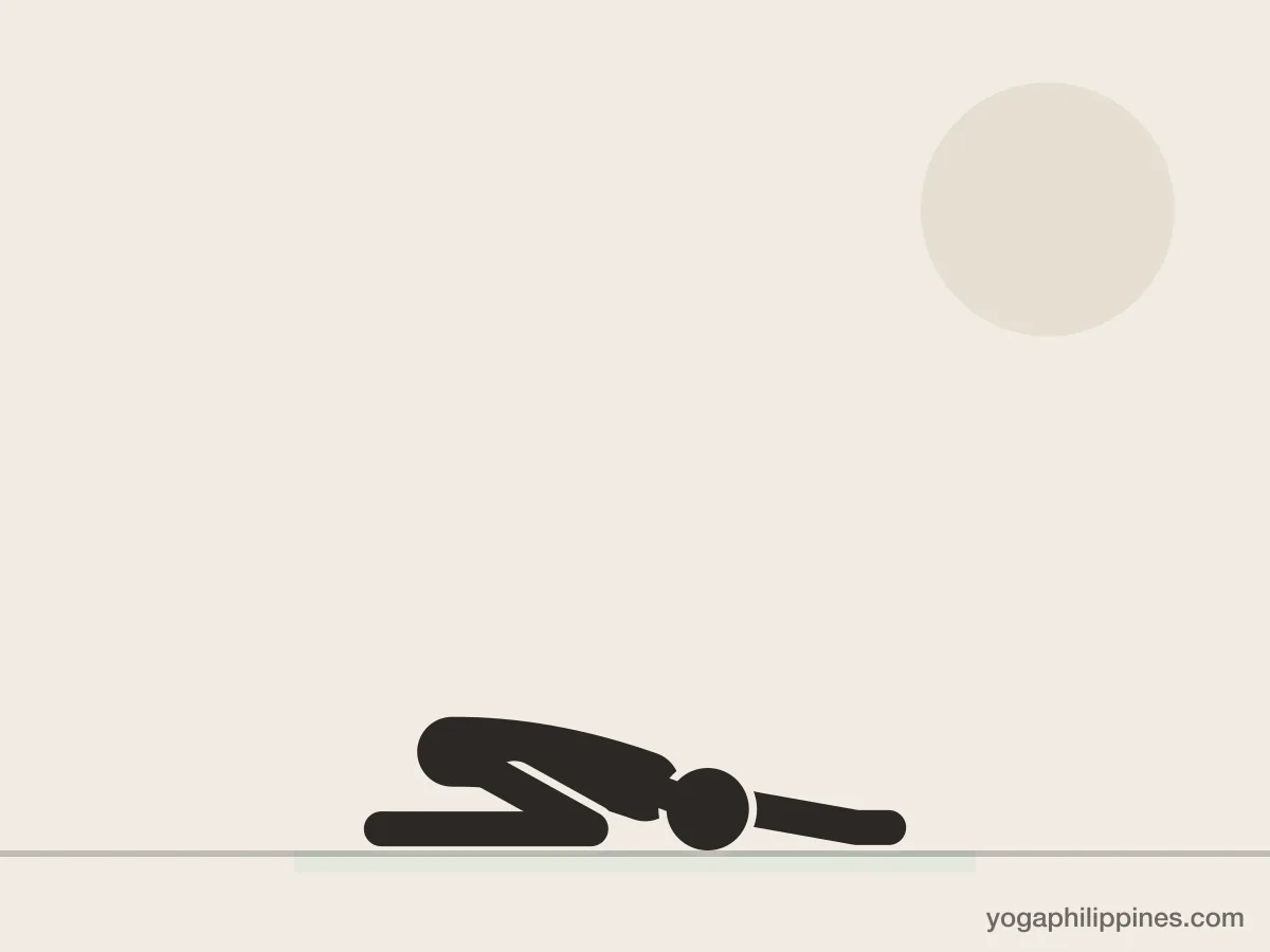Line drawing of Child's Pose (Balasana), side view, the full pose on a yoga mat