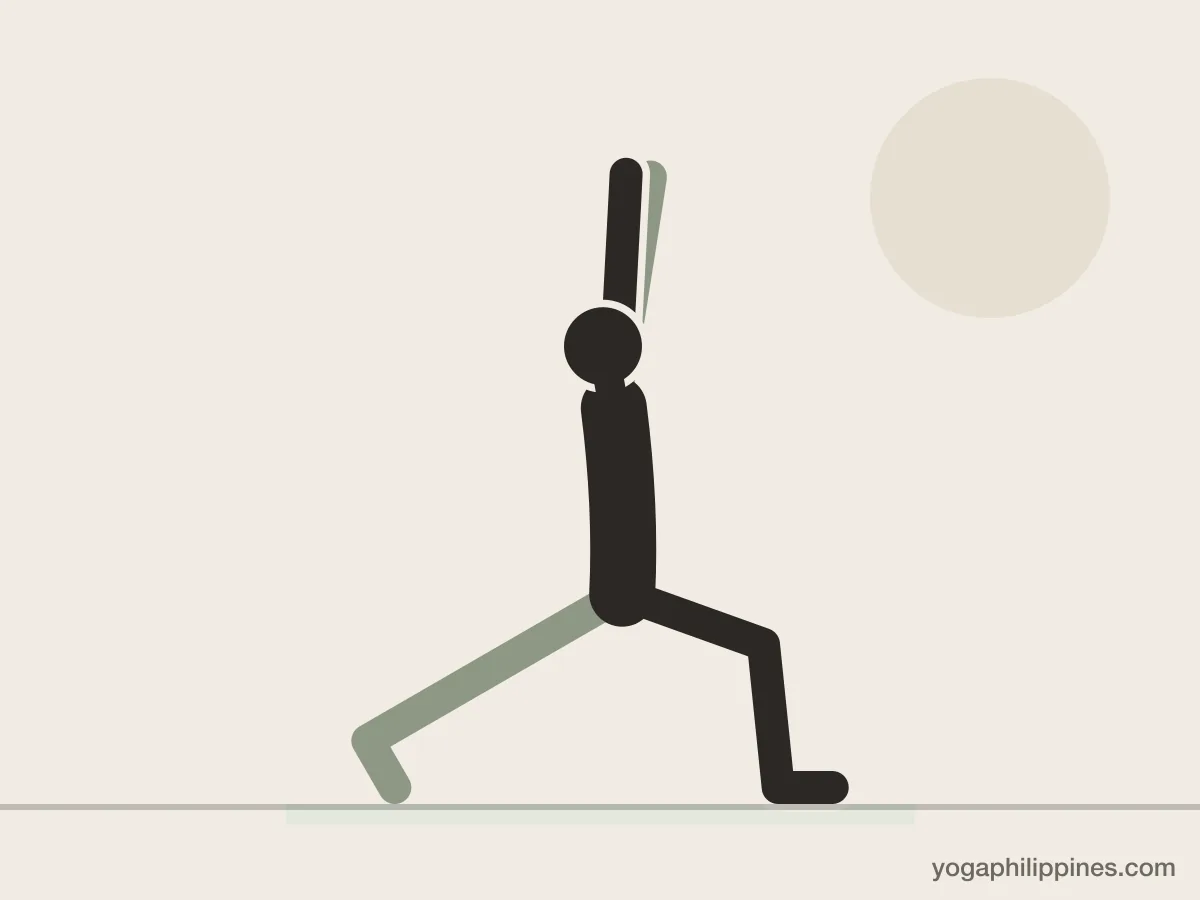 Line drawing of Crescent Lunge (Ashta Chandrasana), side view, the full pose on a yoga mat