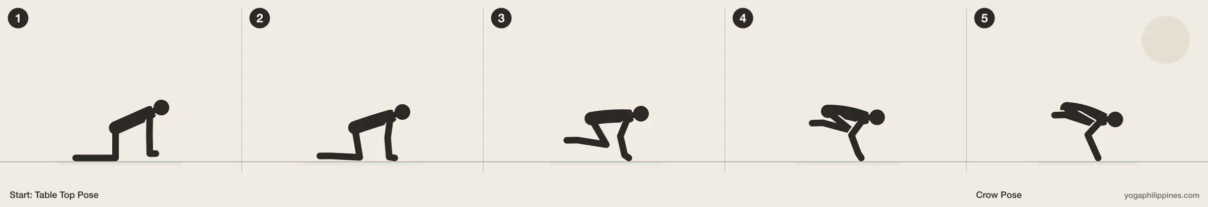 Crow Pose (Bakasana) step by step: 5 numbered line drawings moving from Table Top Pose into the full pose