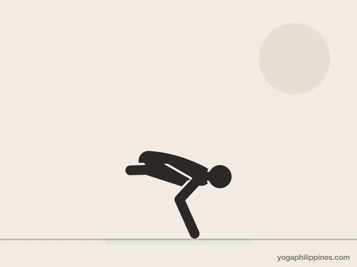Line drawing of Crow Pose (Bakasana), side view, the full pose on a yoga mat