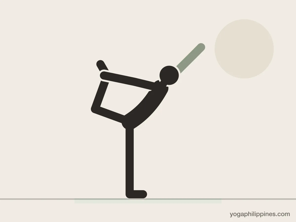 Line drawing of Dancer Pose (Natarajasana), side view, the full pose on a yoga mat