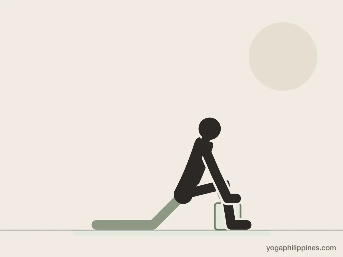 Line drawing of Dragon Pose, side view, the full pose on a yoga mat
