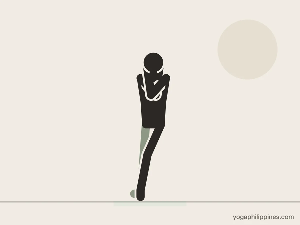 Line drawing of Eagle Pose (Garudasana), front view, the full pose on a yoga mat