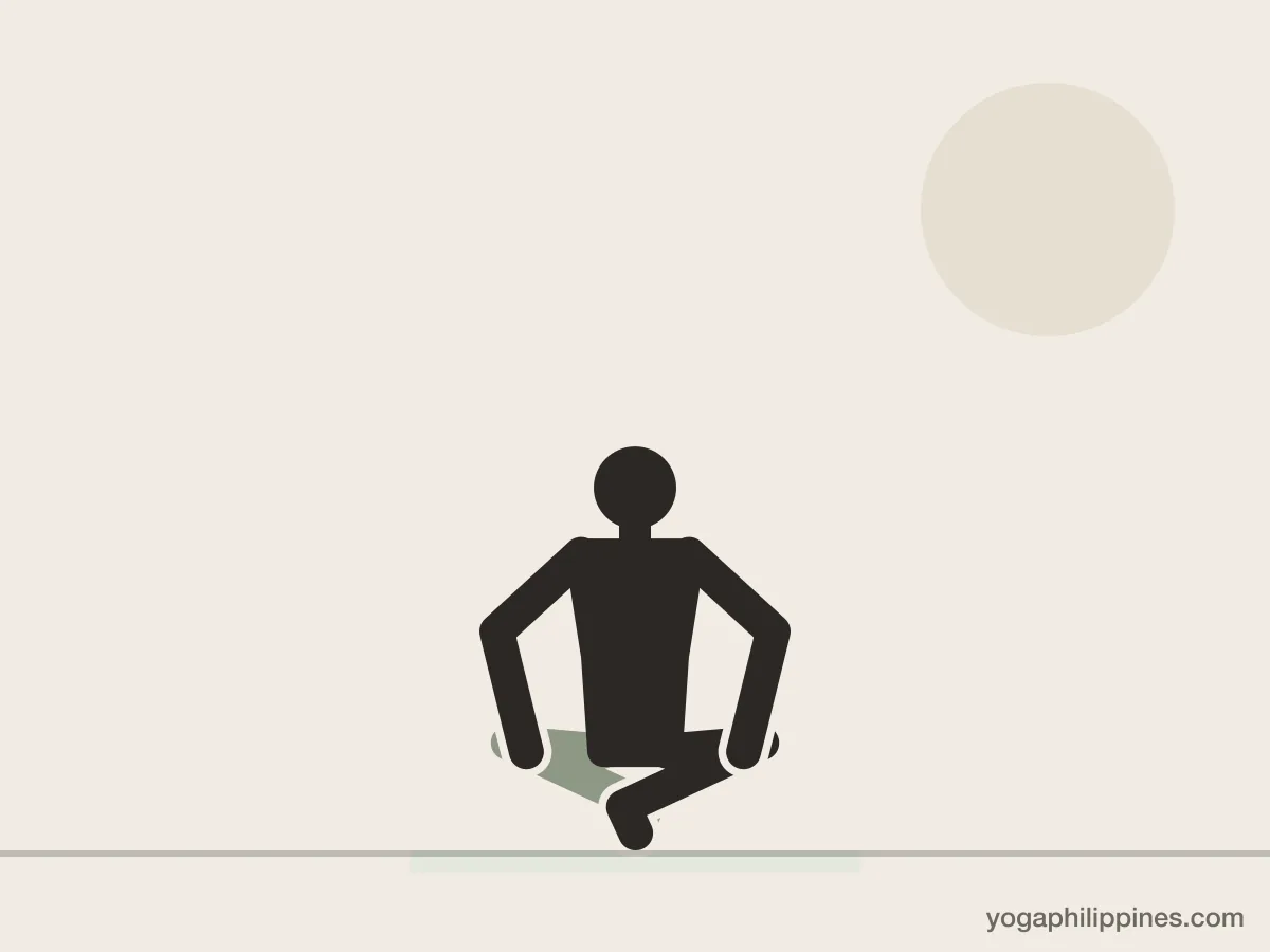 Line drawing of Easy Pose (Sukhasana), front view, the full pose on a yoga mat