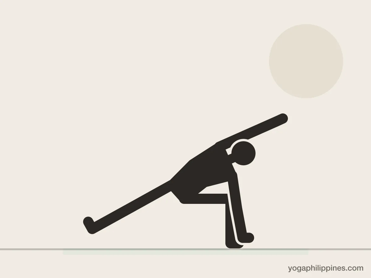 Line drawing of Extended Side Angle (Utthita Parsvakonasana), front view, the full pose on a yoga mat